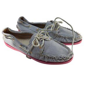 j. crew Sperry Topsider blue white engineer stripe non marking pink soles shoes